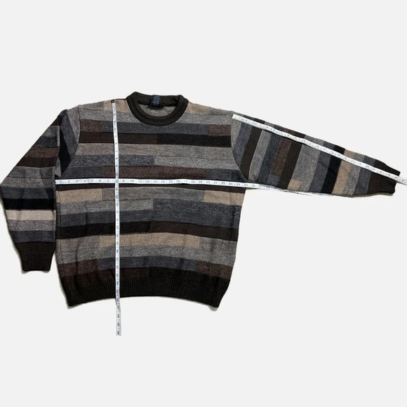 Vintage Tosani Men’s Crewneck Sweater Large Wool blend Brown Tan Striped - Picture 7 of 8
